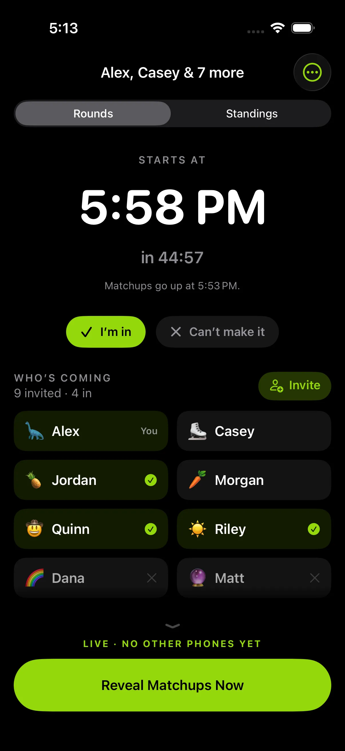 The lobby of a session starting at 5:58 PM, with a countdown, I’m in and Can’t make it buttons, and the players who’ve answered