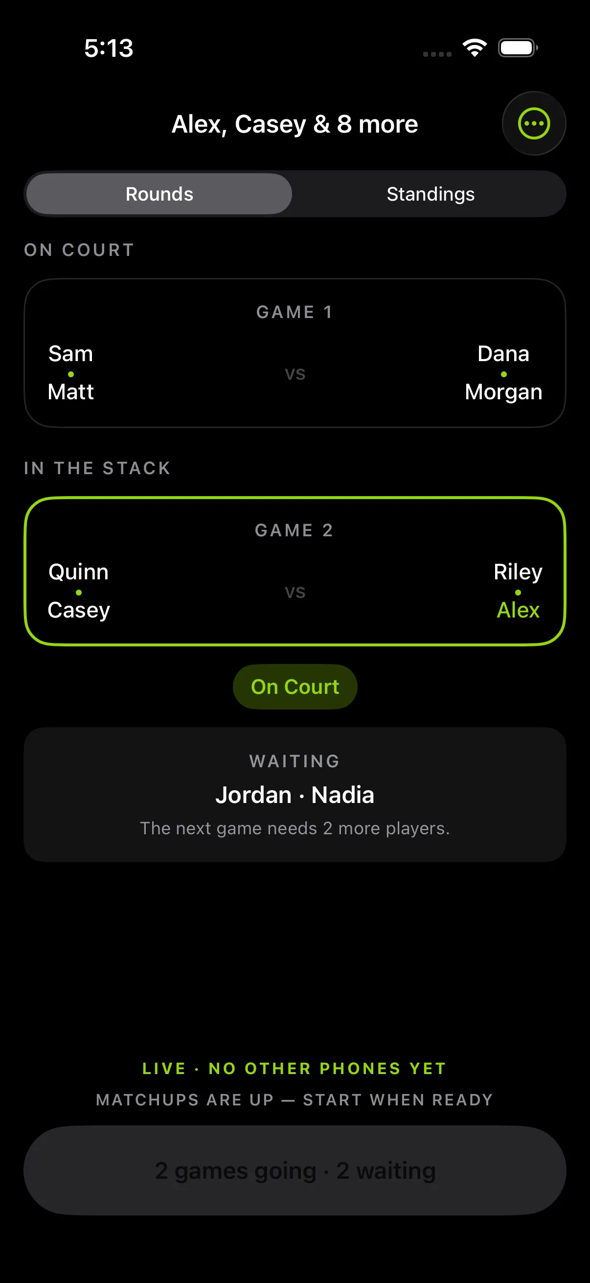 A paddle stack: one game on court, the next in the stack with an On Court button, and two players waiting