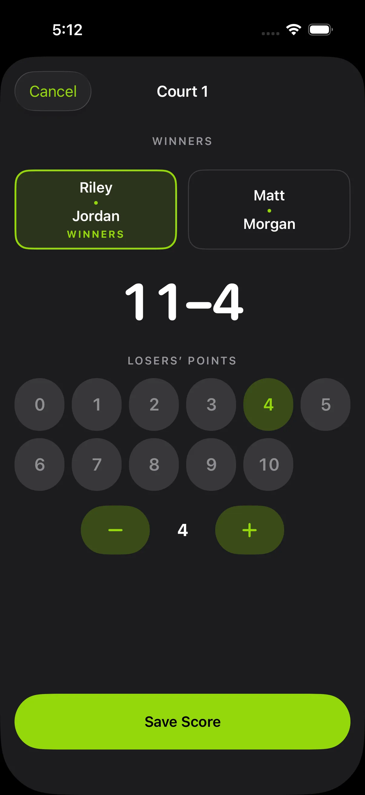 Score entry: the winners chosen, 11–4, and a keypad for the losers’ points