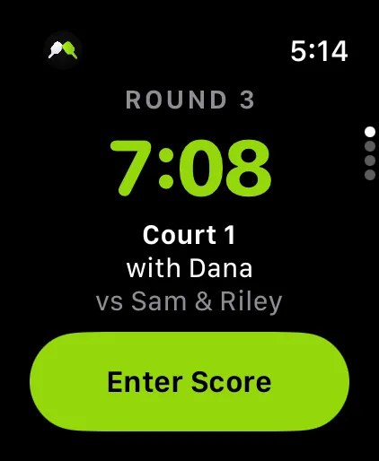 Win by Two on an Apple Watch: round 3, 7:08 left on the clock, Court 1 with Dana versus Sam and Riley, and an Enter Score button