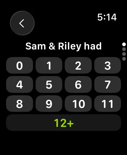 Score entry on the watch: a keypad asking how many points Sam and Riley had